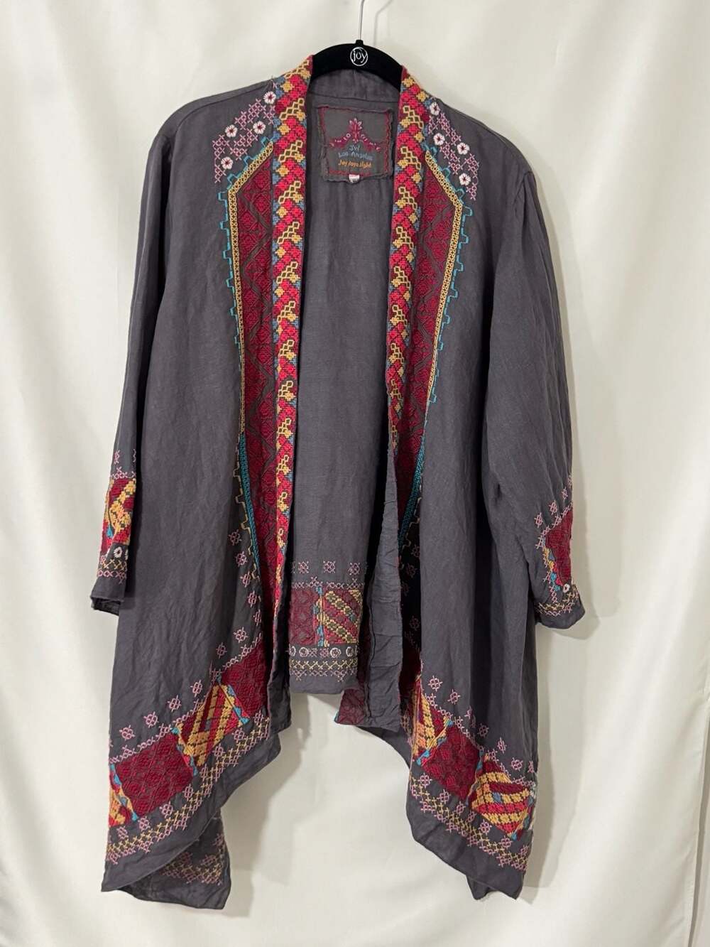 JW Los Angeles Johnny Was Size XL Gray Linen Embroidered Boho Kimono Cardigan